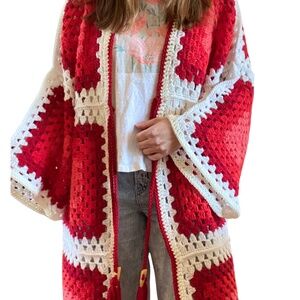 Upcycled Granny Square Crochet Coat – Red, White & Burgundy – Long Boho Festival